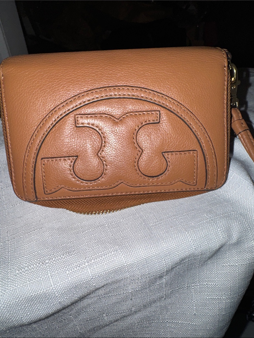 Tory Burch Caramel Leather Wristlet Clutch with Logo Detail